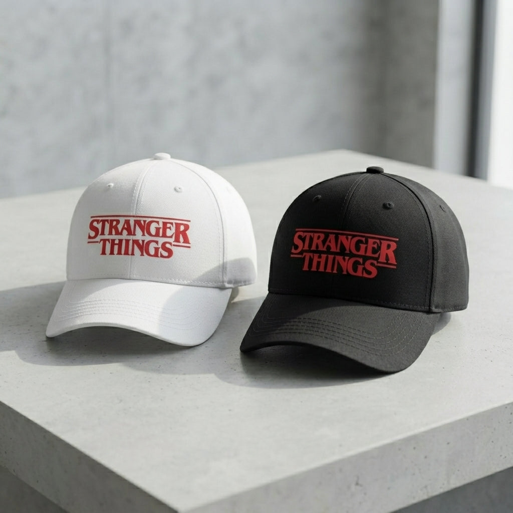 Stranger Things Red Title Logo Graphic Baseball Cap - TV Show Sci-Fi Cap (White & Black)