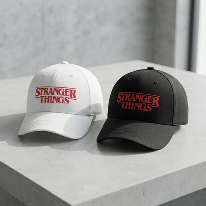 Stranger Things Red Title Logo Graphic Baseball Cap - TV Show Sci-Fi Cap (White & Black)