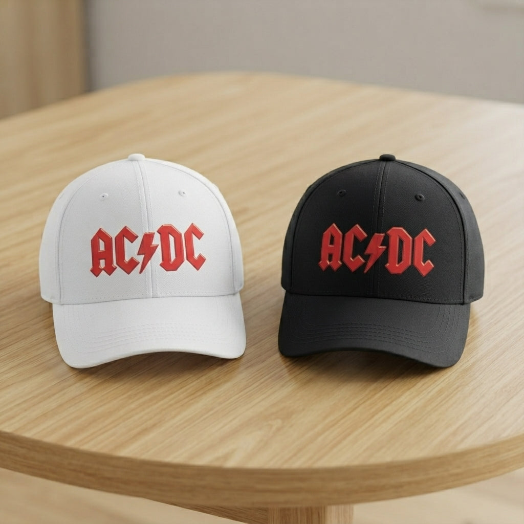 AC/DC Classic Red Logo Graphic Baseball Cap - Heavy Metal Rock Band Cap (Black & White)