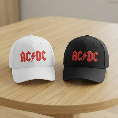 AC/DC Classic Red Logo Graphic Baseball Cap - Heavy Metal Rock Band Cap (Black & White)
