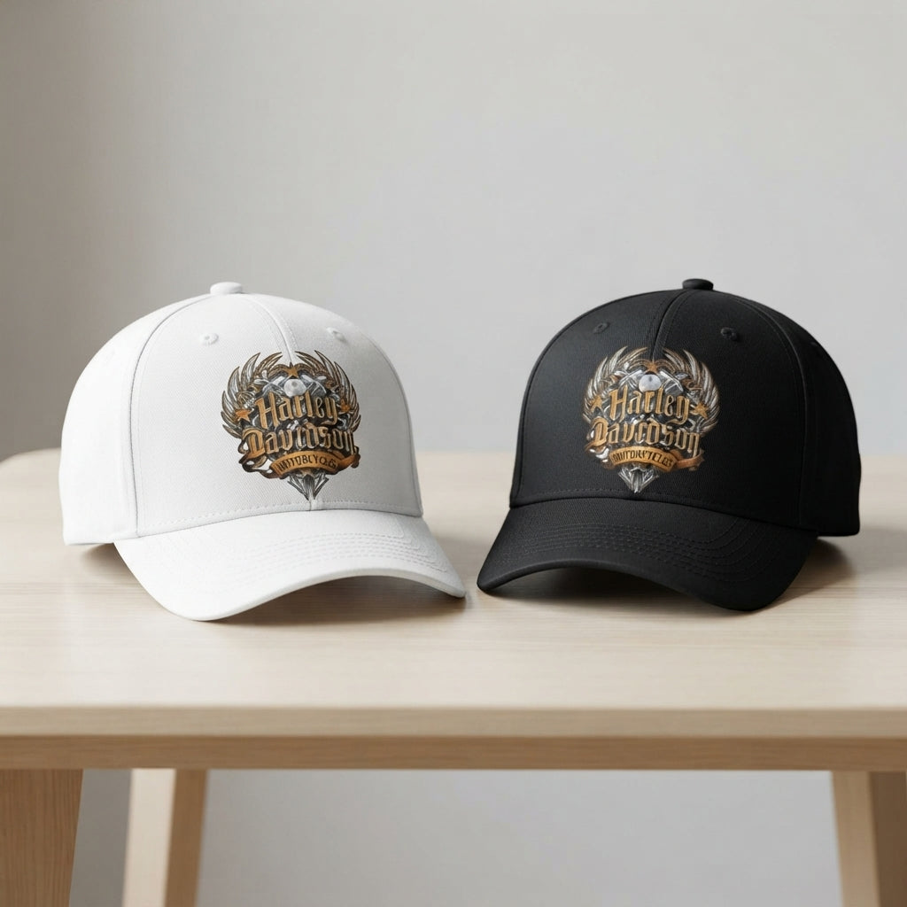 Harley Davidson Vintage Winged Emblem Graphic Baseball Cap - Biker Cap (Black & White)