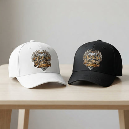 Harley Davidson Vintage Winged Emblem Graphic Baseball Cap - Biker Cap (Black & White)