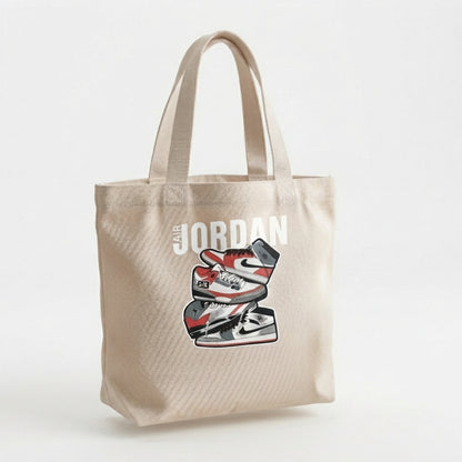 Retro Sneaker Stack Graphic Canvas Tote Bag - Classic Air Basketball Kicks Shoulder Bag