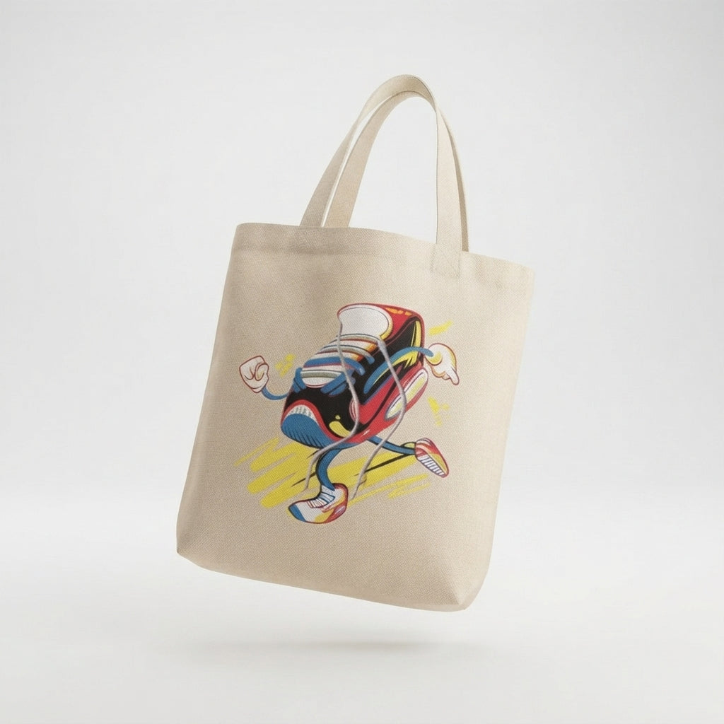 Cartoon Running Sneaker "Kickin' It" Natural Canvas Tote Bag