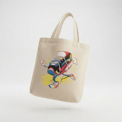 Cartoon Running Sneaker "Kickin' It" Natural Canvas Tote Bag