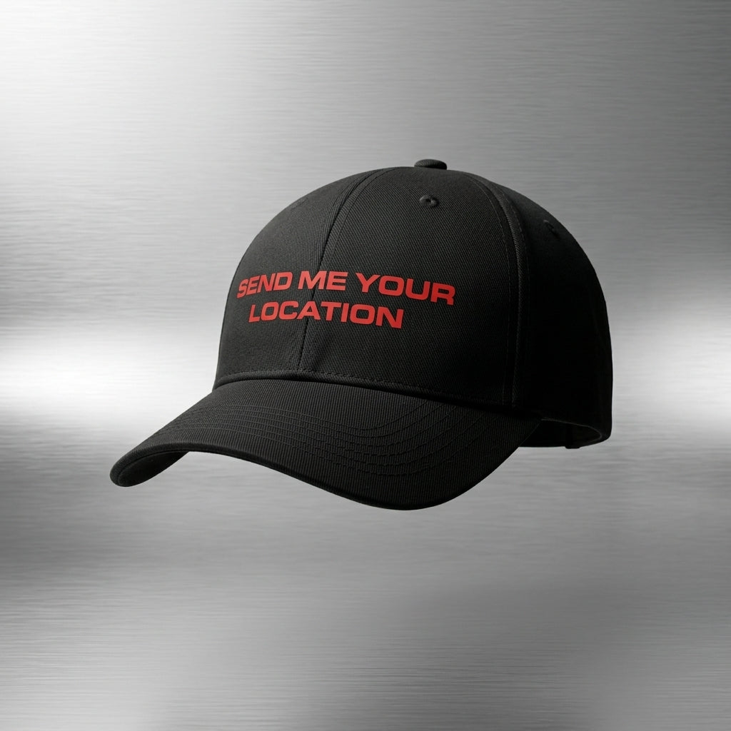 Send Me Your Location Funny Quote Baseball Cap - Viral Meme Graphic Cap (White & Black)