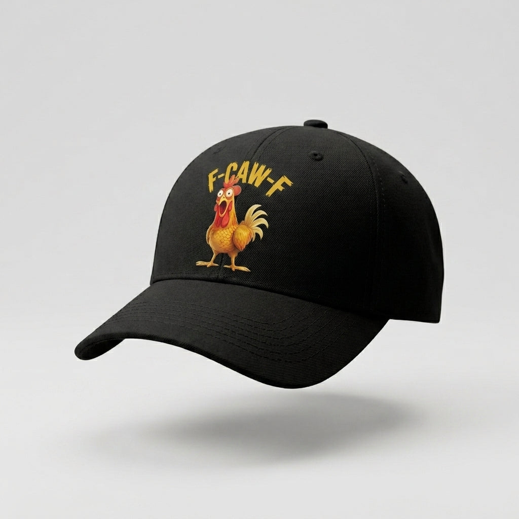 F-CAW-F Screaming Chicken Funny Graphic Baseball Cap - Humorous Quote Cap (Black & White)