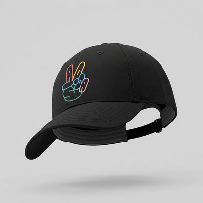 Neon Peace Hand Sign Graphic Baseball Cap - Minimalist Victory Sign Cap (Black & White)