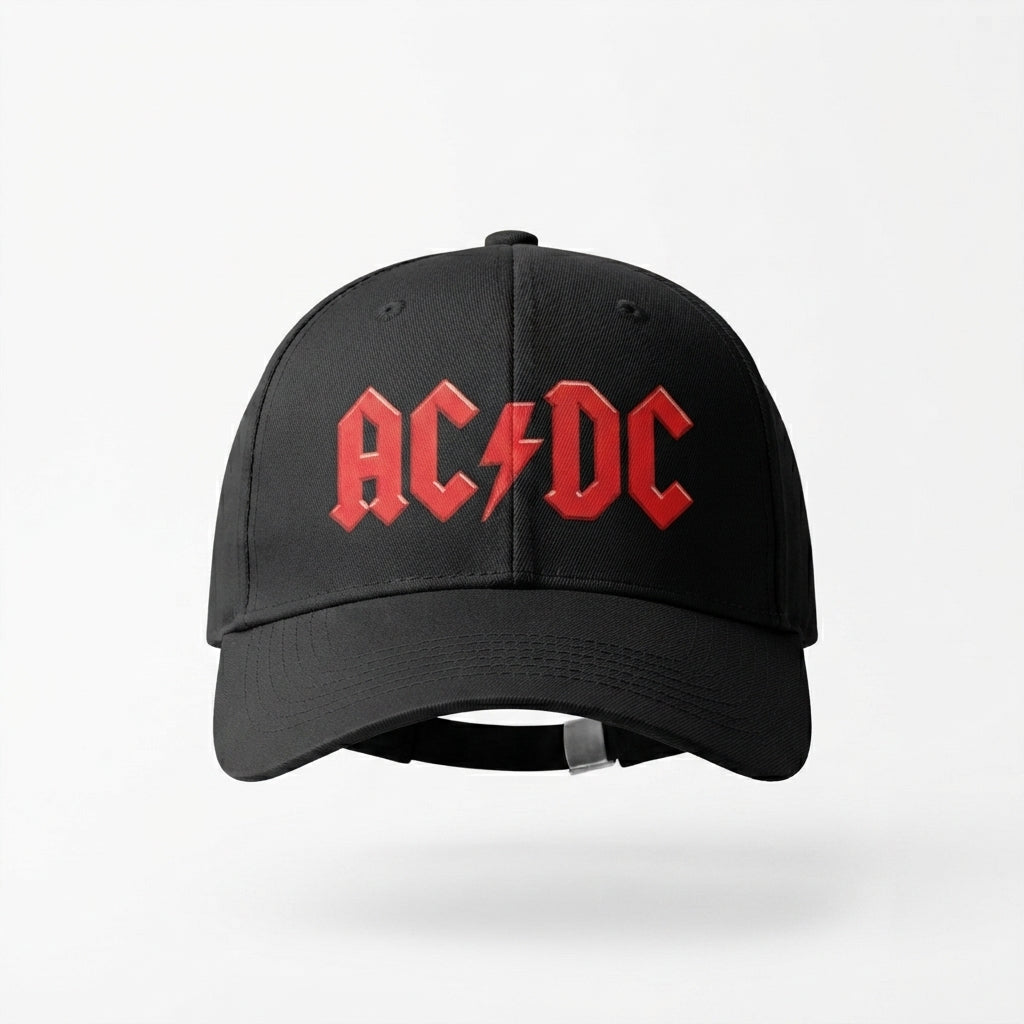 AC/DC Classic Red Logo Graphic Baseball Cap - Heavy Metal Rock Band Cap (Black & White)