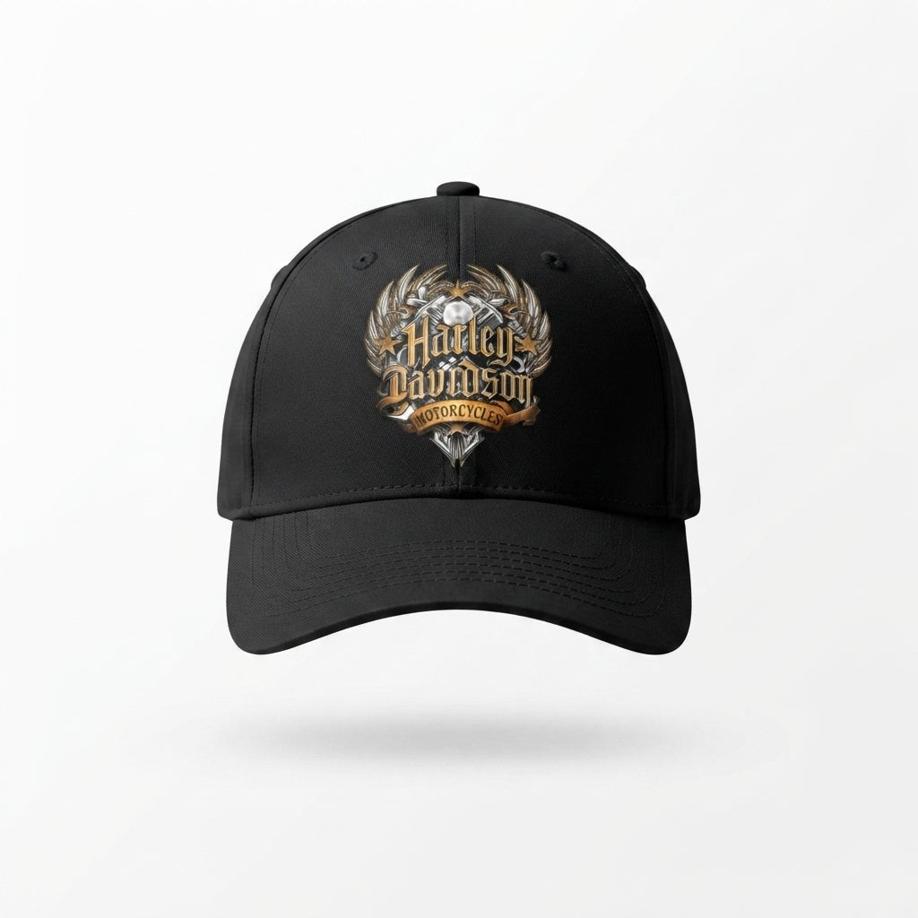 Harley Davidson Vintage Winged Emblem Graphic Baseball Cap - Biker Cap (Black & White)