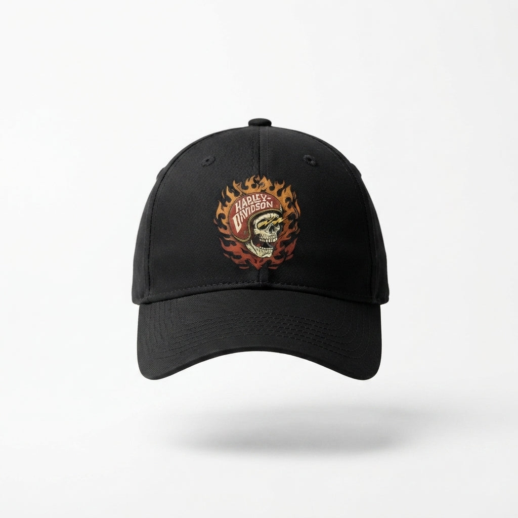Harley Davidson Flaming Skull Helmet Graphic Baseball Cap - Biker Cap (Black & White)