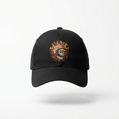 Harley Davidson Flaming Skull Helmet Graphic Baseball Cap - Biker Cap (Black & White)