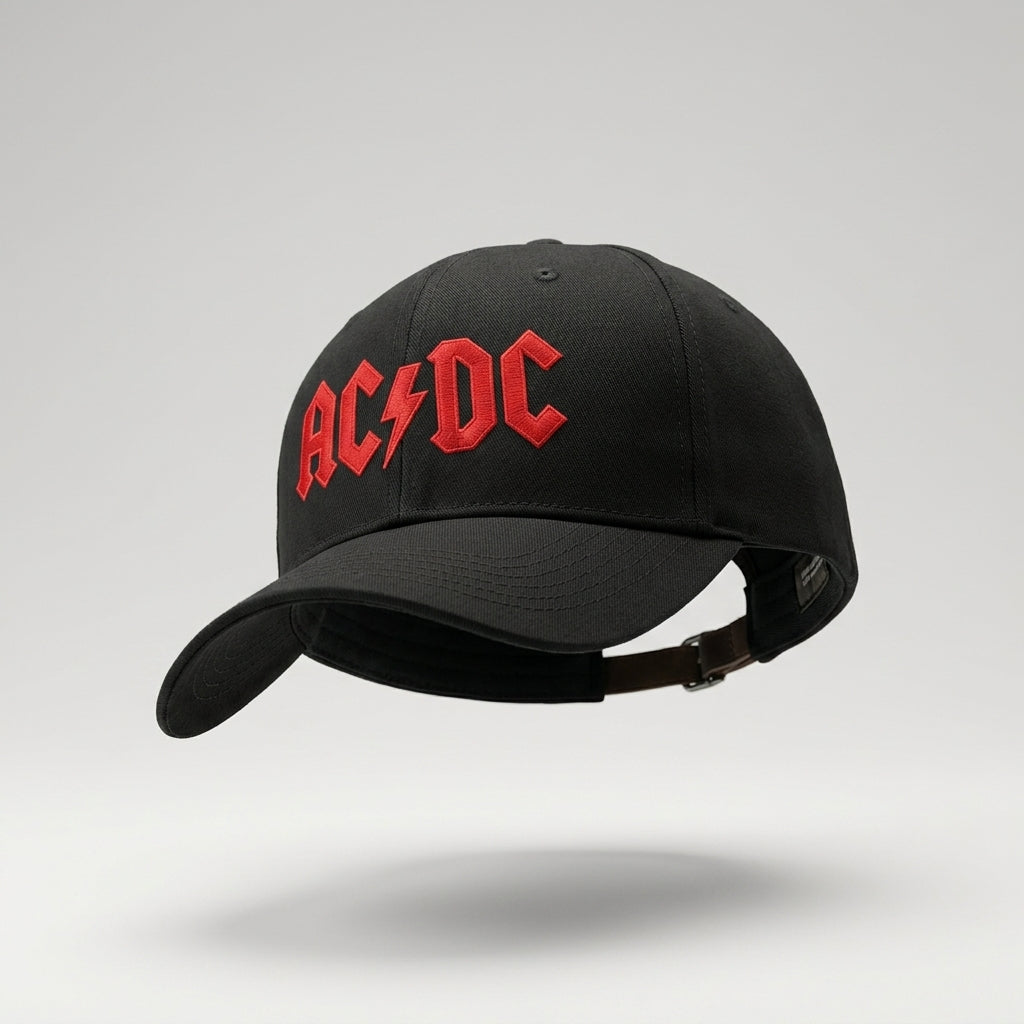 AC/DC Classic Red Logo Graphic Baseball Cap - Heavy Metal Rock Band Cap (Black & White)