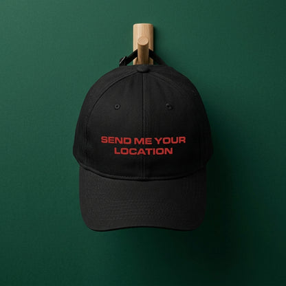 Send Me Your Location Funny Quote Baseball Cap - Viral Meme Graphic Cap (White & Black)