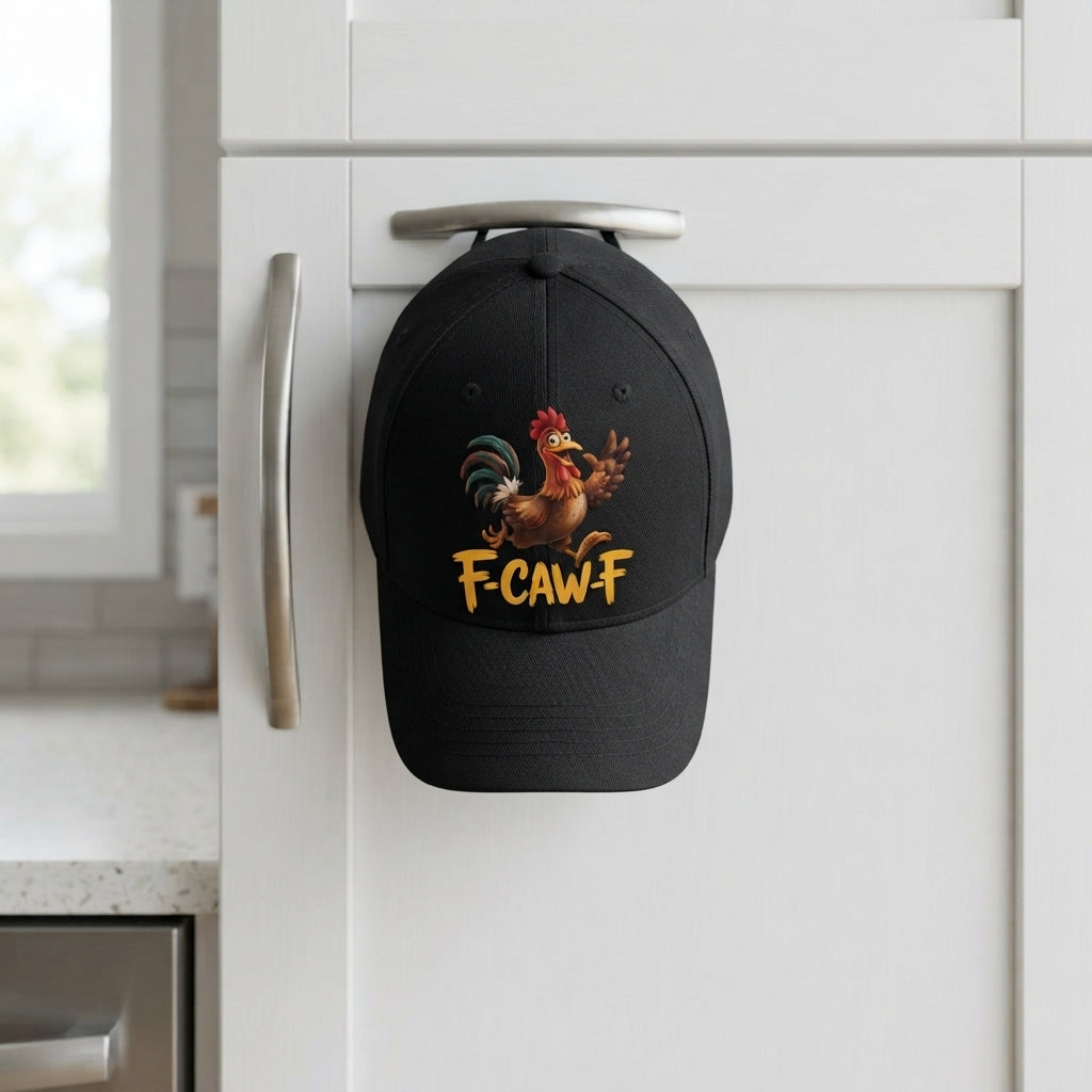 F-CAW-F Rooster Graphic Baseball Cap - Funny Animal Sound Meme Cap (Black & White)