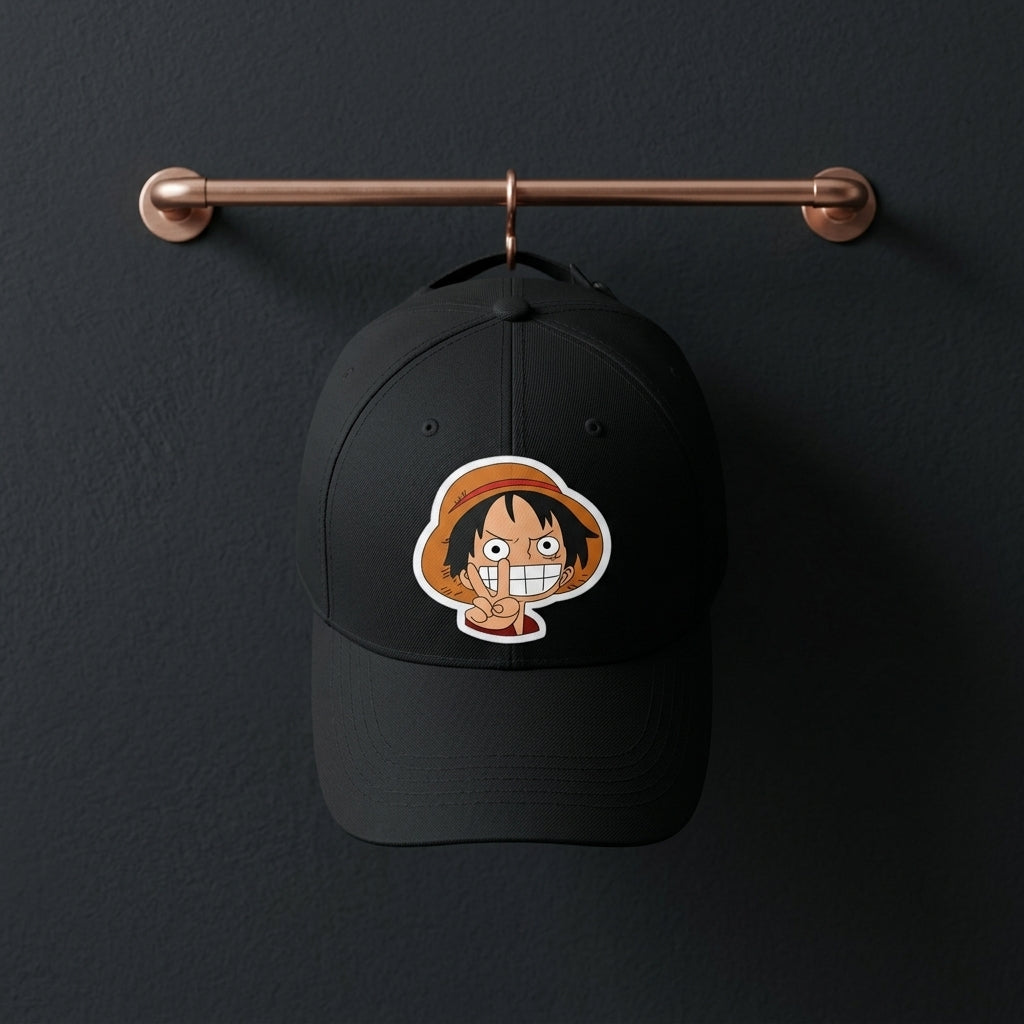 One Piece Luffy Smiling Peace Sign Graphic Baseball Cap - Cute Anime Chibi Cap (White & Black)