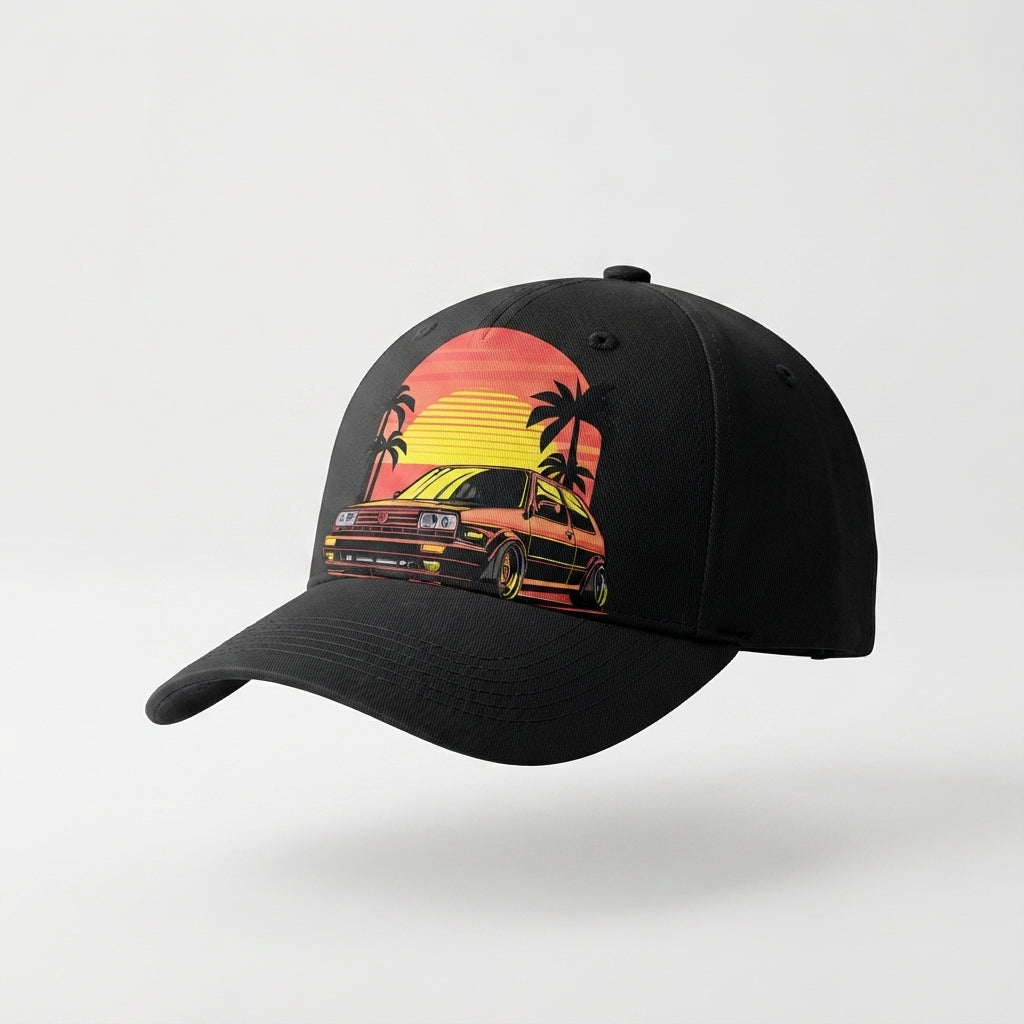 Retro Synthwave Sunset Car Graphic Baseball Cap - Vintage Japanese JDM / Euro Tuner Cap (White & Black)
