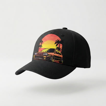 Retro Synthwave Sunset Car Graphic Baseball Cap - Vintage Japanese JDM / Euro Tuner Cap (White & Black)