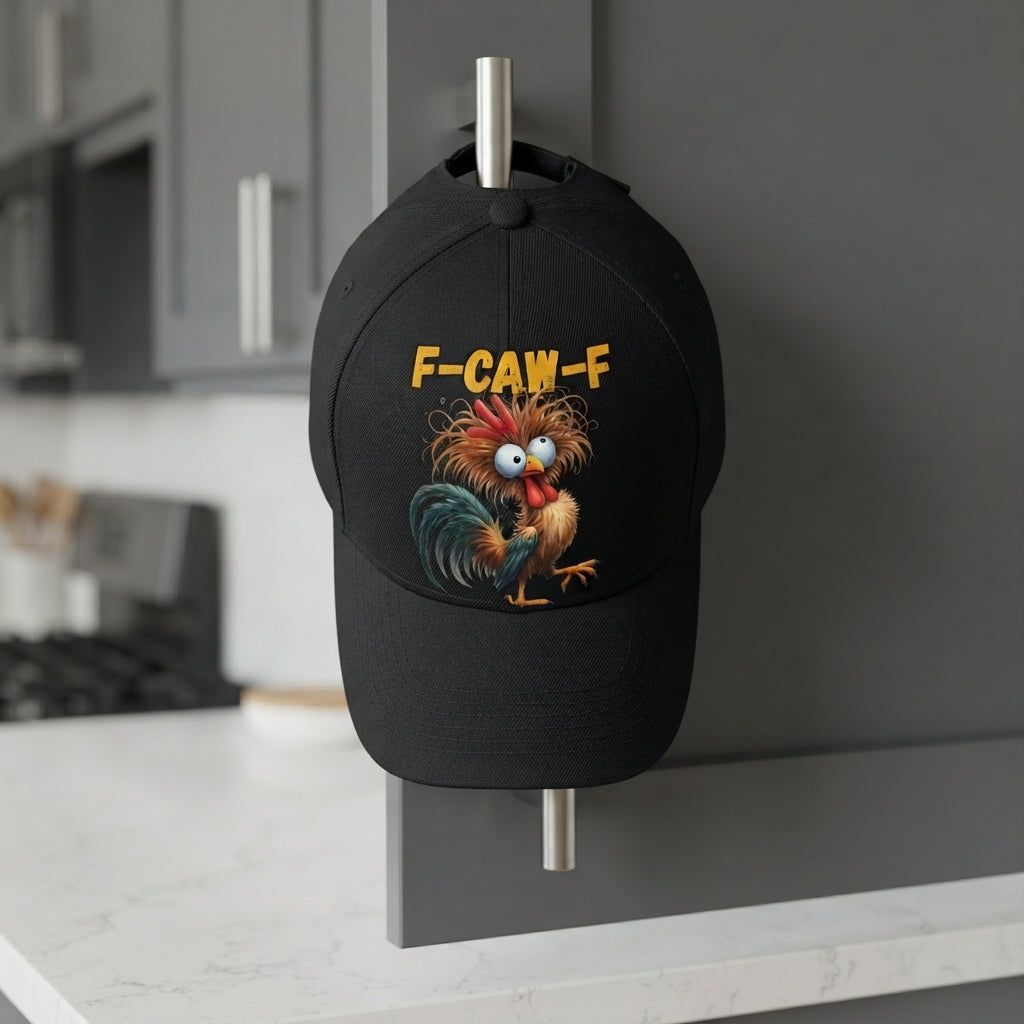 F-CAW-F Crazy Rooster Graphic Baseball Cap - Funny Animal Meme Cap (White & black)