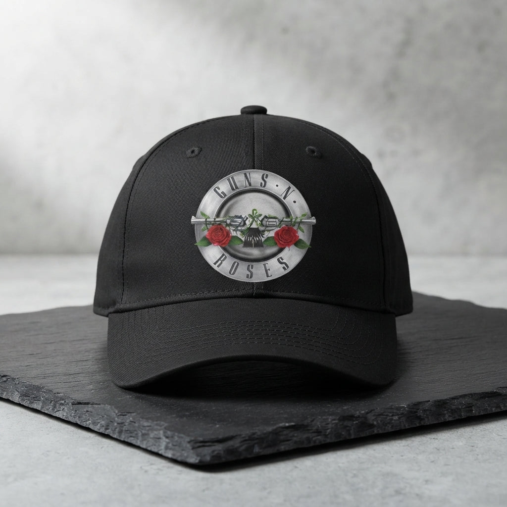 Guns N' Roses Classic Bullet Logo Graphic Baseball Cap - Hard Rock Band Cap (Black & White)