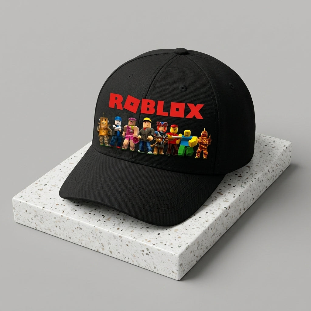 Roblox Characters & Logo Graphic Baseball Cap - Gamer Graphic Cap (Black & White)