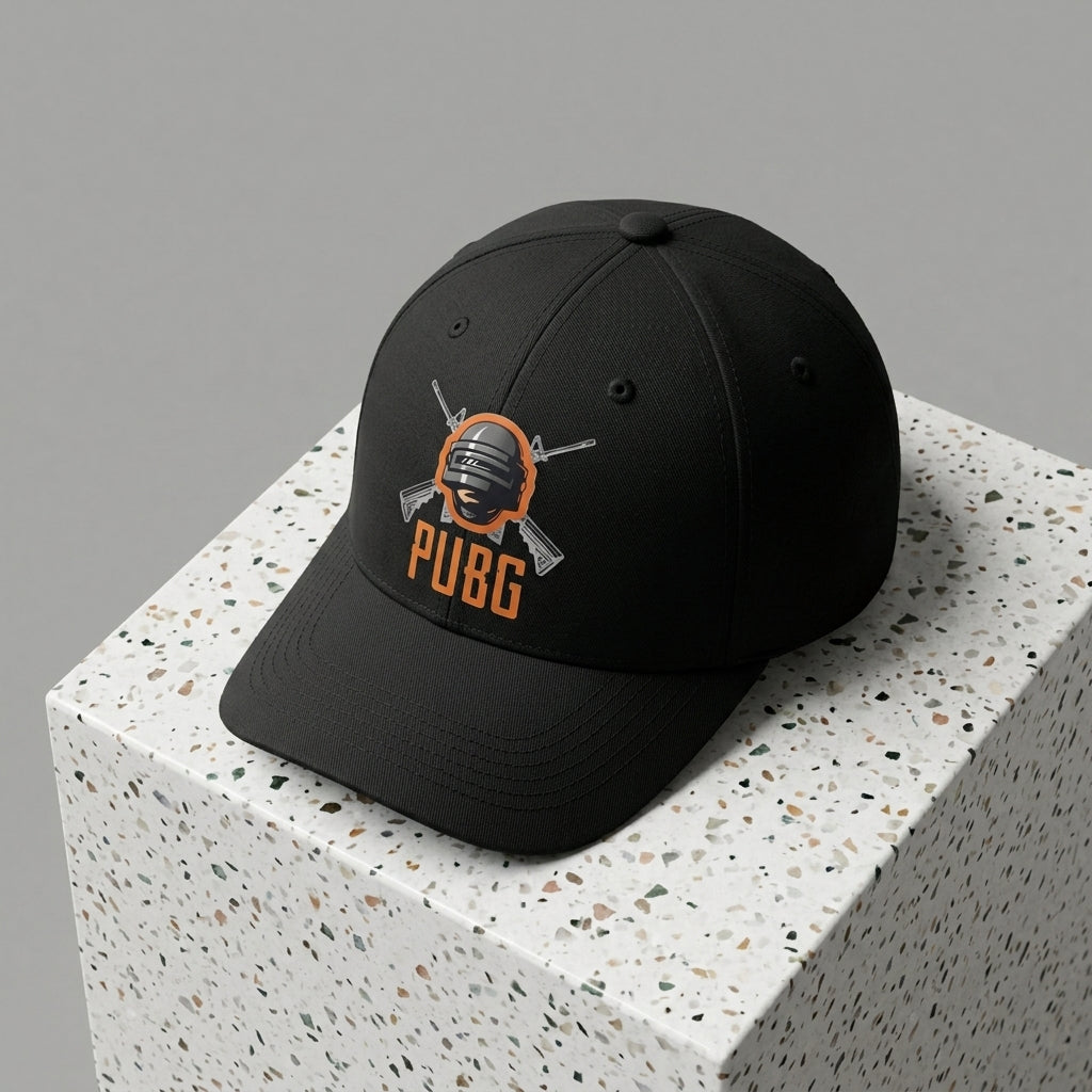 PUBG Level 3 Helmet & Rifles Graphic Baseball Cap - Battle Royale Gaming Cap (White & Black)