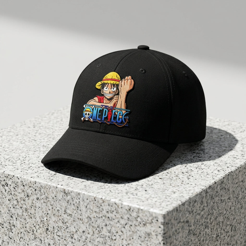 One Piece Monkey D. Luffy Graphic Baseball Cap - Anime Character Cap (White & Black)