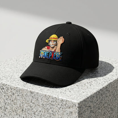 One Piece Monkey D. Luffy Graphic Baseball Cap - Anime Character Cap (White & Black)