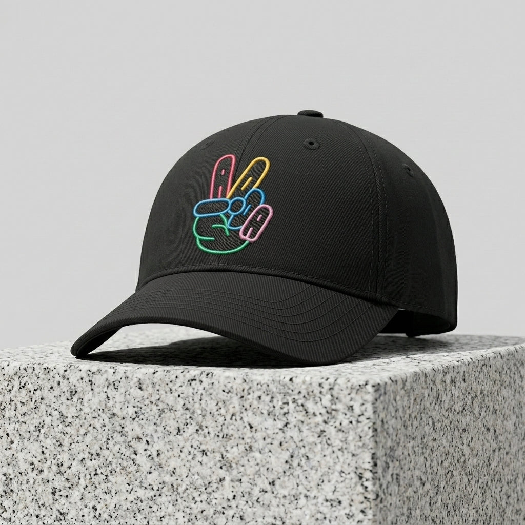Neon Peace Hand Sign Graphic Baseball Cap - Minimalist Victory Sign Cap (Black & White)
