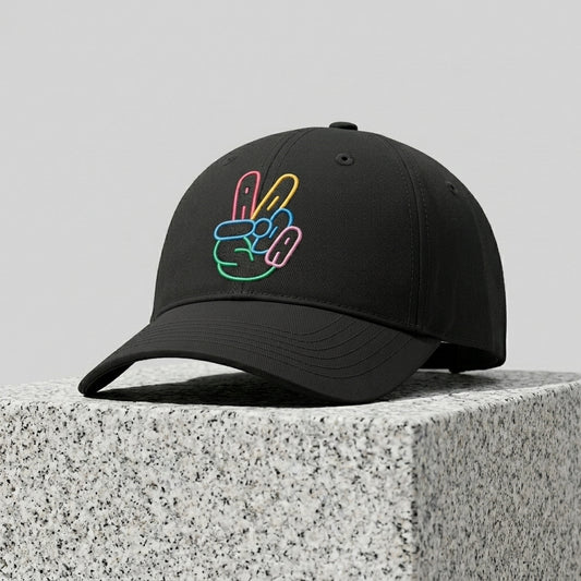 Neon Peace Hand Sign Graphic Baseball Cap - Minimalist Victory Sign Cap (Black & White)