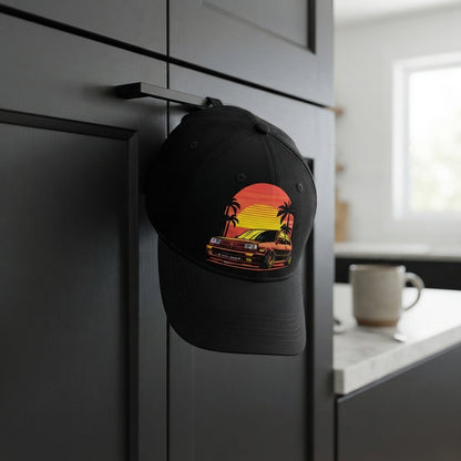 Retro Synthwave Sunset Car Graphic Baseball Cap - Vintage Japanese JDM / Euro Tuner Cap (White & Black)