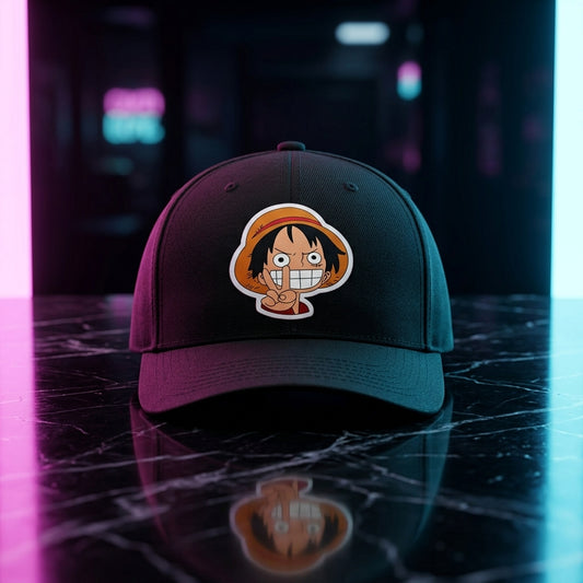 One Piece Luffy Smiling Peace Sign Graphic Baseball Cap - Cute Anime Chibi Cap (White & Black)