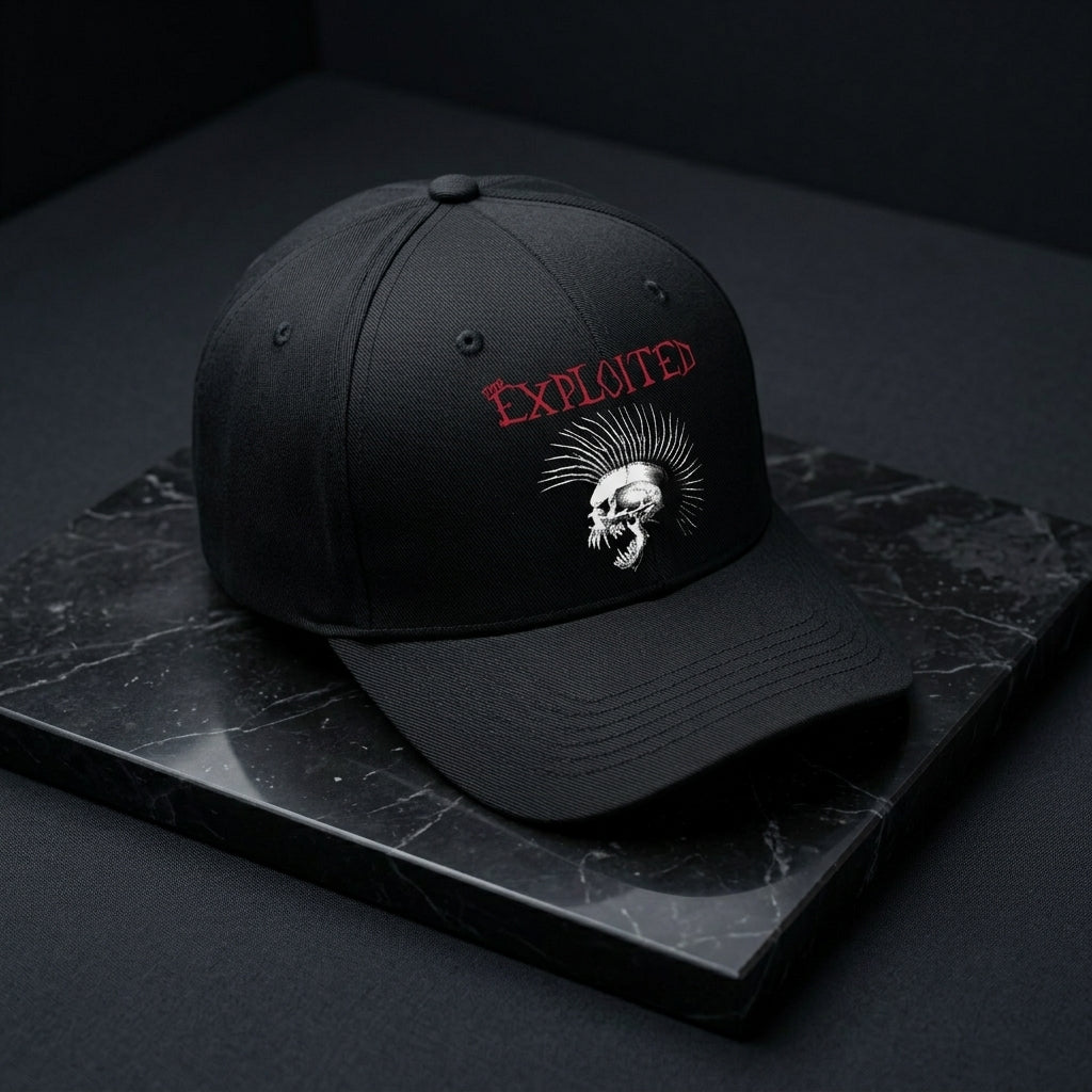 The Exploited Mohawk Skull Graphic Baseball Cap - Punk Rock Band Cap (Black)