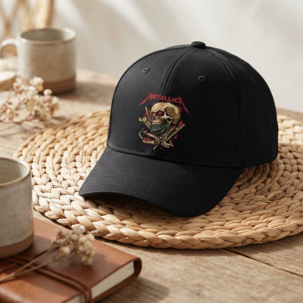 Metallica Skull & Grenade Graphic Baseball Cap - Heavy Metal Rock Band Cap (Black & White)