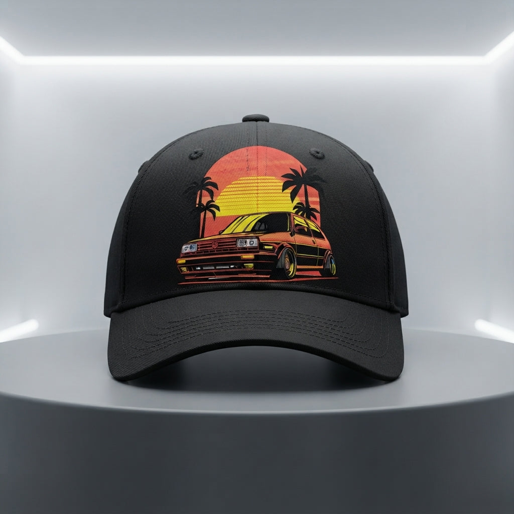 Retro Synthwave Sunset Car Graphic Baseball Cap - Vintage Japanese JDM / Euro Tuner Cap (White & Black)