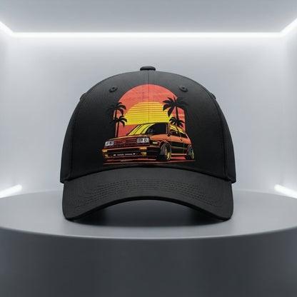 Retro Synthwave Sunset Car Graphic Baseball Cap - Vintage Japanese JDM / Euro Tuner Cap (White & Black)