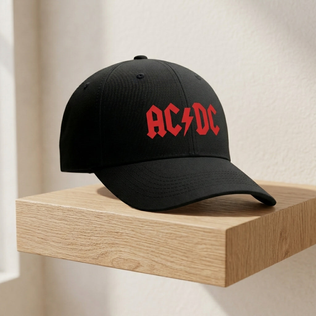 AC/DC Classic Red Logo Graphic Baseball Cap - Heavy Metal Rock Band Cap (Black & White)