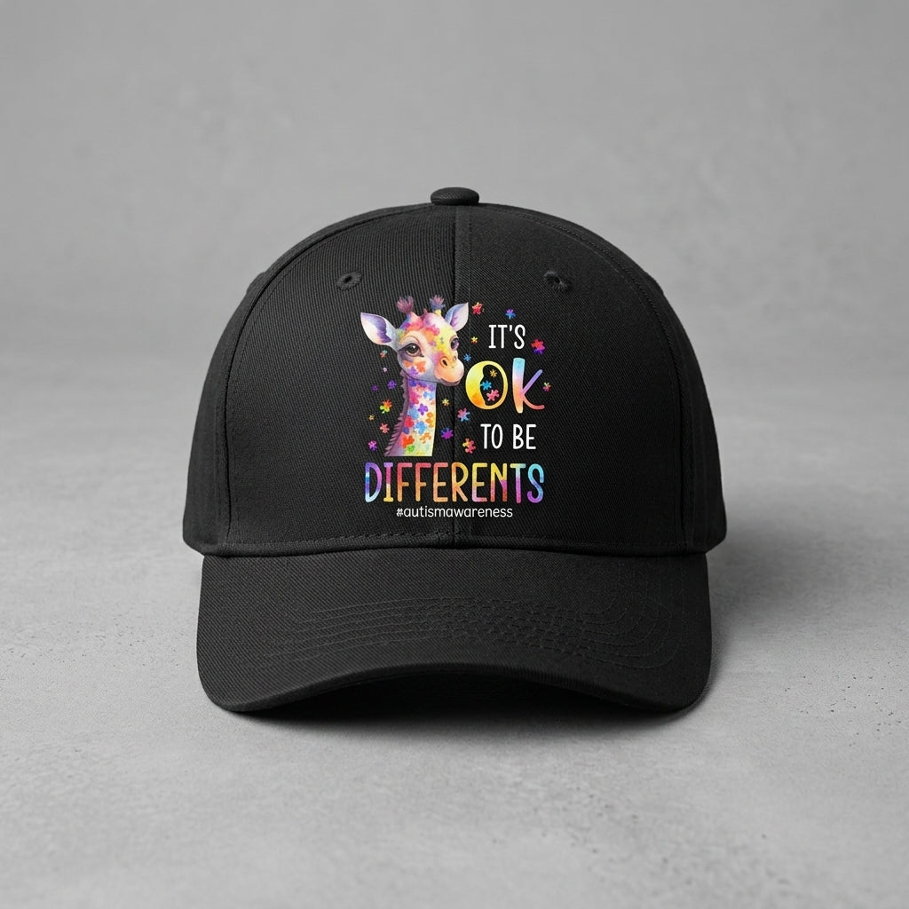 Autism Awareness It's OK To Be Different Colorful Giraffe Baseball Cap (Black)