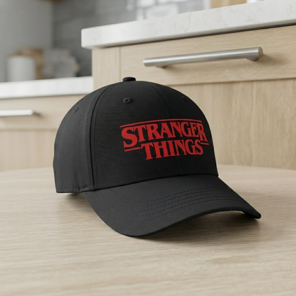 Stranger Things Red Title Logo Graphic Baseball Cap - TV Show Sci-Fi Cap (White & Black)