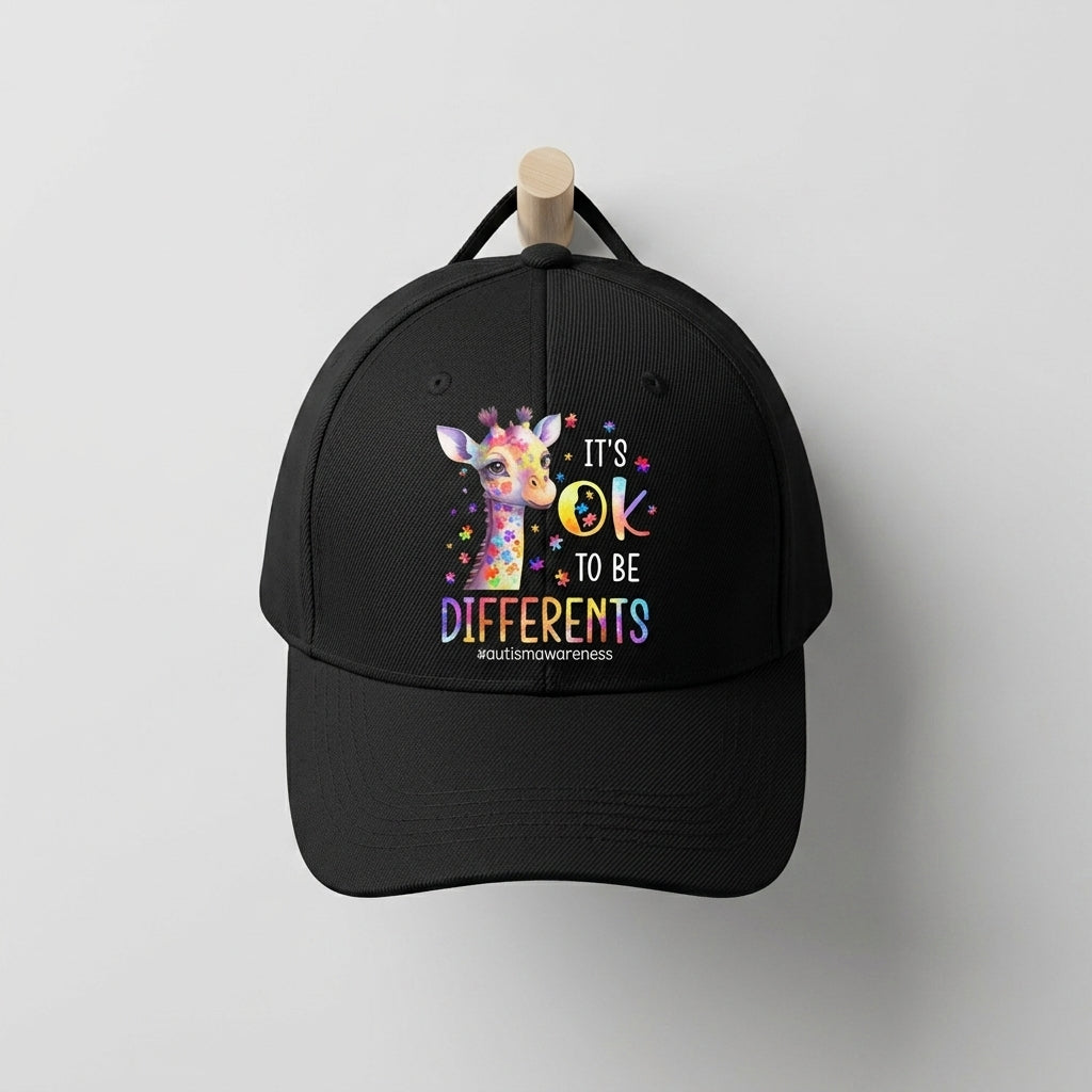 Autism Awareness It's OK To Be Different Colorful Giraffe Baseball Cap (Black)