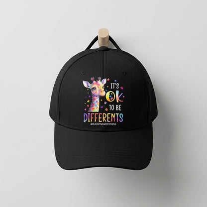 Autism Awareness It's OK To Be Different Colorful Giraffe Baseball Cap (Black)