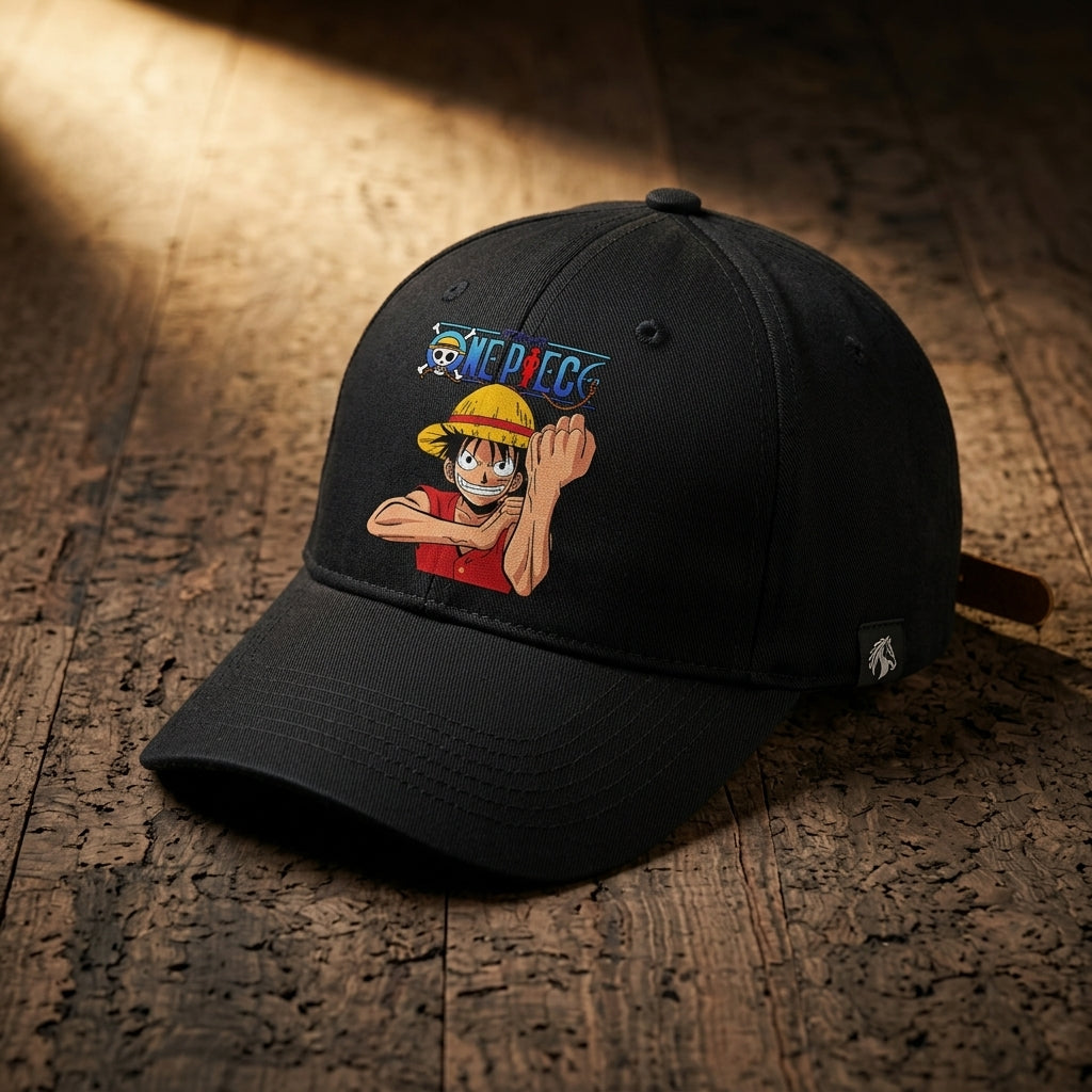 One Piece Monkey D. Luffy Graphic Baseball Cap - Anime Character Cap (White & Black)