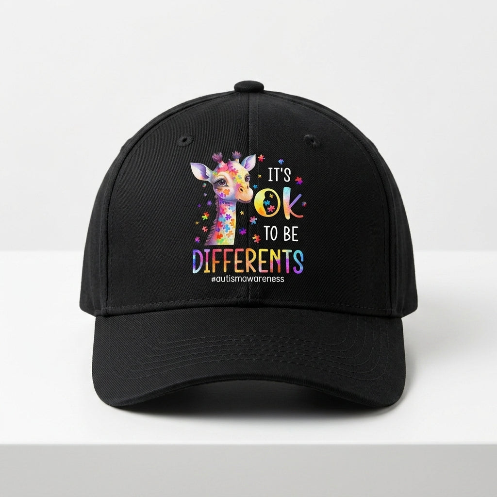 Autism Awareness It's OK To Be Different Colorful Giraffe Baseball Cap (Black)