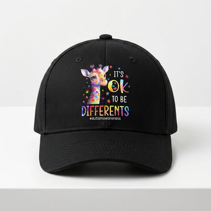 Autism Awareness It's OK To Be Different Colorful Giraffe Baseball Cap (Black)