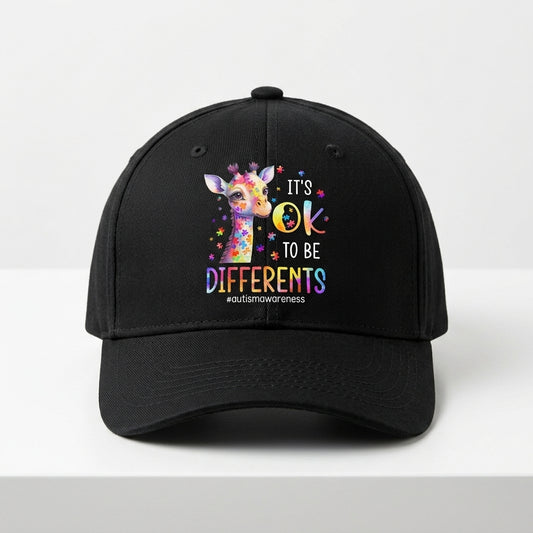 Autism Awareness It's OK To Be Different Colorful Giraffe Baseball Cap (Black)