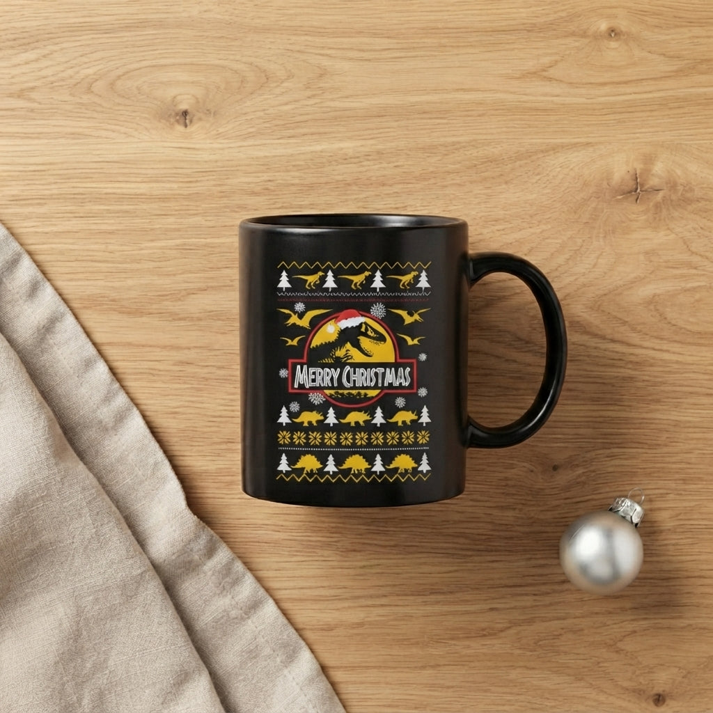 Funny Dinosaur Christmas Coffee Mug - "Merry Christmas" T-Rex Ugly Sweater Style Black Ceramic Tea Cup - Holiday Gift for Dino Lovers