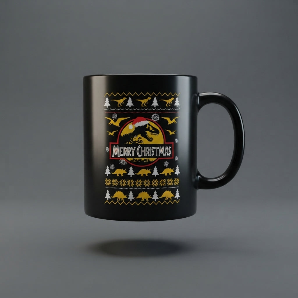 Funny Dinosaur Christmas Coffee Mug - "Merry Christmas" T-Rex Ugly Sweater Style Black Ceramic Tea Cup - Holiday Gift for Dino Lovers