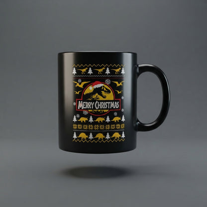 Funny Dinosaur Christmas Coffee Mug - "Merry Christmas" T-Rex Ugly Sweater Style Black Ceramic Tea Cup - Holiday Gift for Dino Lovers