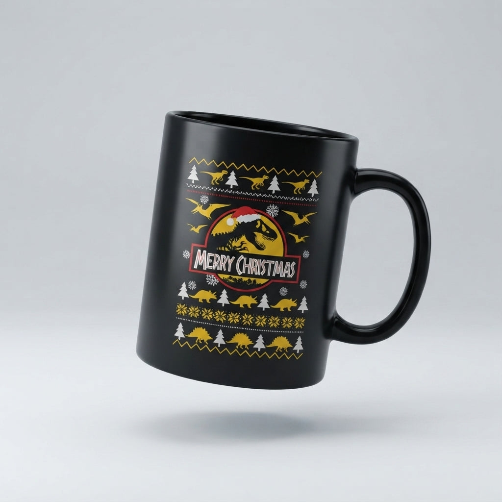 Funny Dinosaur Christmas Coffee Mug - "Merry Christmas" T-Rex Ugly Sweater Style Black Ceramic Tea Cup - Holiday Gift for Dino Lovers