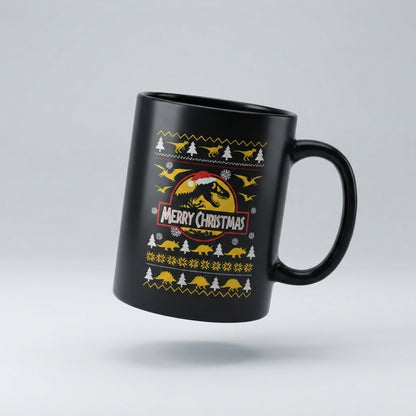 Funny Dinosaur Christmas Coffee Mug - "Merry Christmas" T-Rex Ugly Sweater Style Black Ceramic Tea Cup - Holiday Gift for Dino Lovers